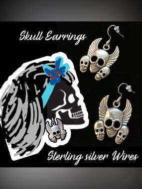 Winged Skull Drop Earrings - Sterling Silver Wires